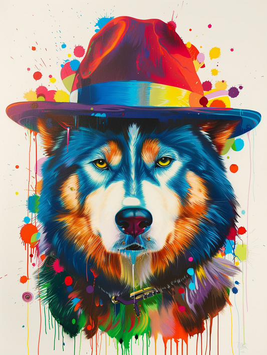 Colorful space Siberian Husky dog with a hat Expressive surreal Poster # F024966