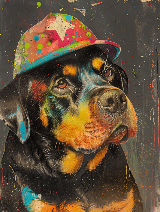 Colorful space Rottweiler dog with a hat Expressive surreal Poster # F025435
