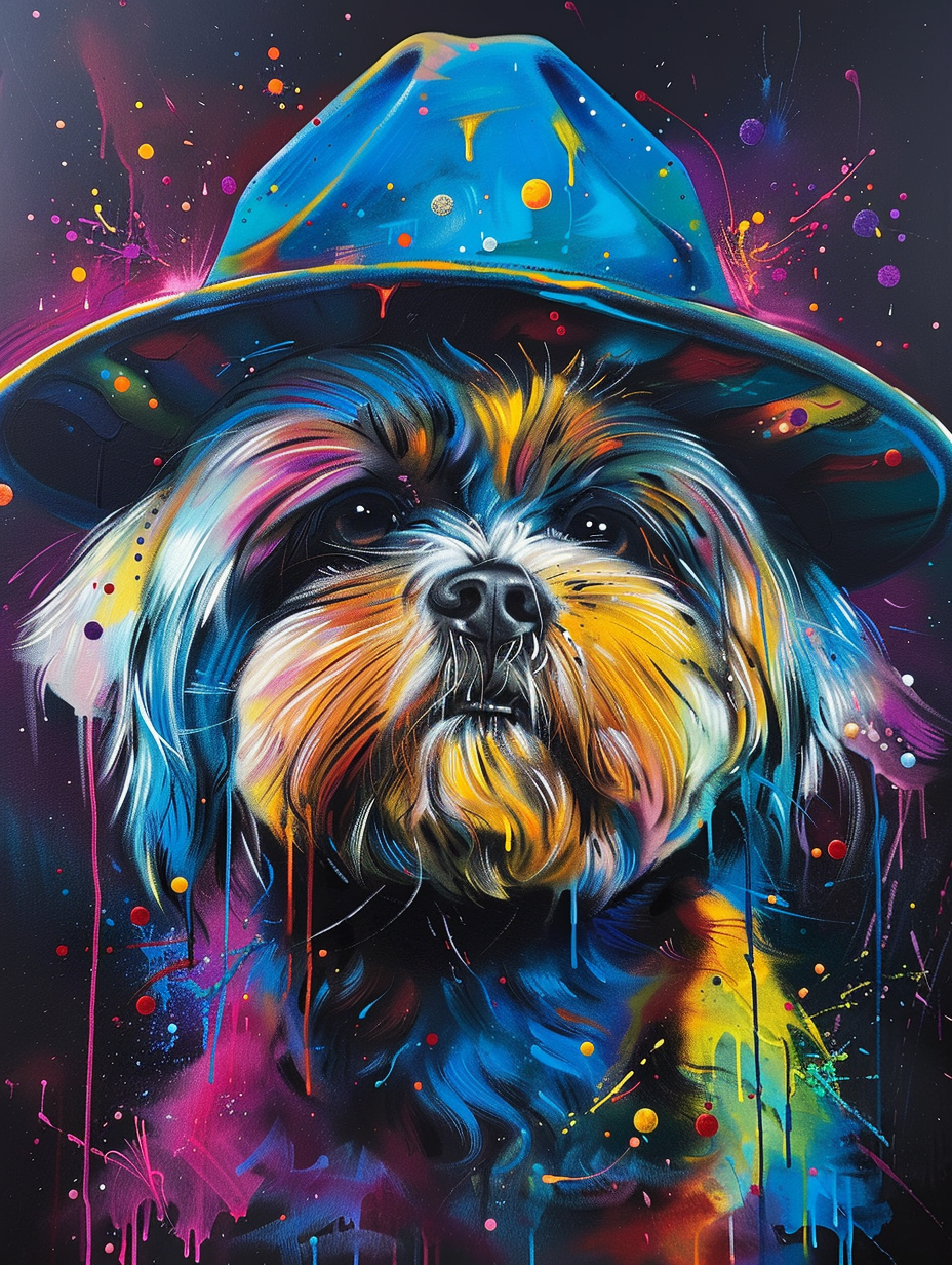 Colorful space Shih Tzu dog with a hat Expressive surreal Poster # F024553