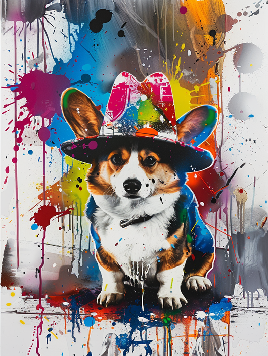Colorful space Pembroke Welsh Corgi dog with a hat Expressive surreal Poster # F024609