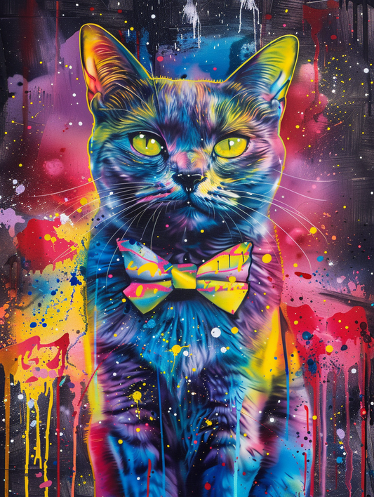 Colorful space Russian Blue cat with a bow tie Expressive surreal Poster # F024315