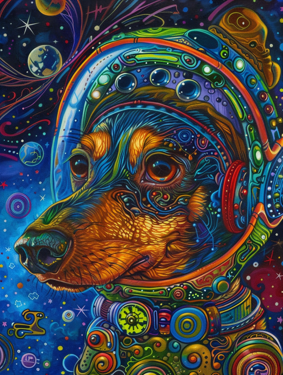Colorful space Dachshund dog with a hat Expressive surreal Poster # F024497