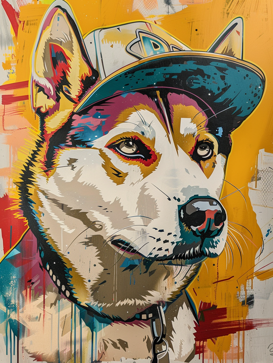 Colorful space Siberian Husky dog with a hat Expressive surreal Poster # F024955