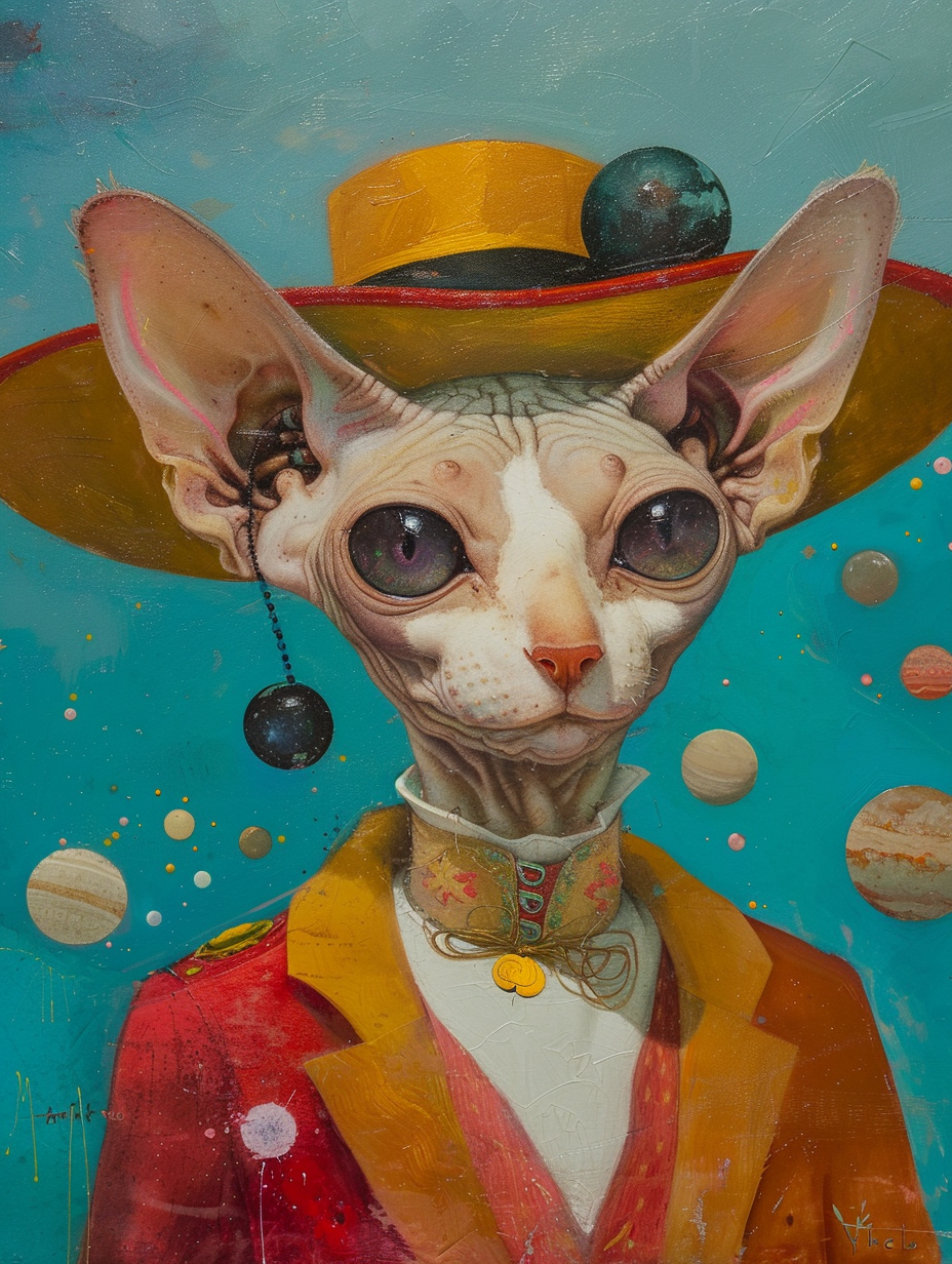 Colorful space Cornish Rex cat with a hat Expressive surreal Poster # F025242