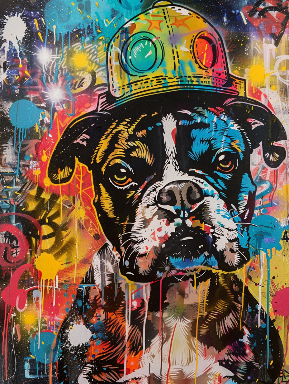Colorful space Boxer dog with a hat Expressive surreal Poster # F024888