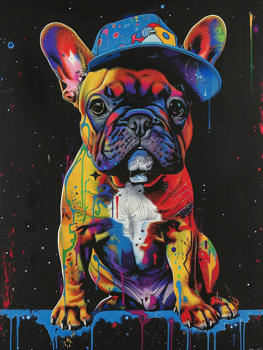 Colorful space French Bulldog dog with a hat Expressive surreal Poster # F025600