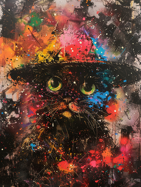 Colorful space Persian cat with a hat Expressive surreal Poster # F025266