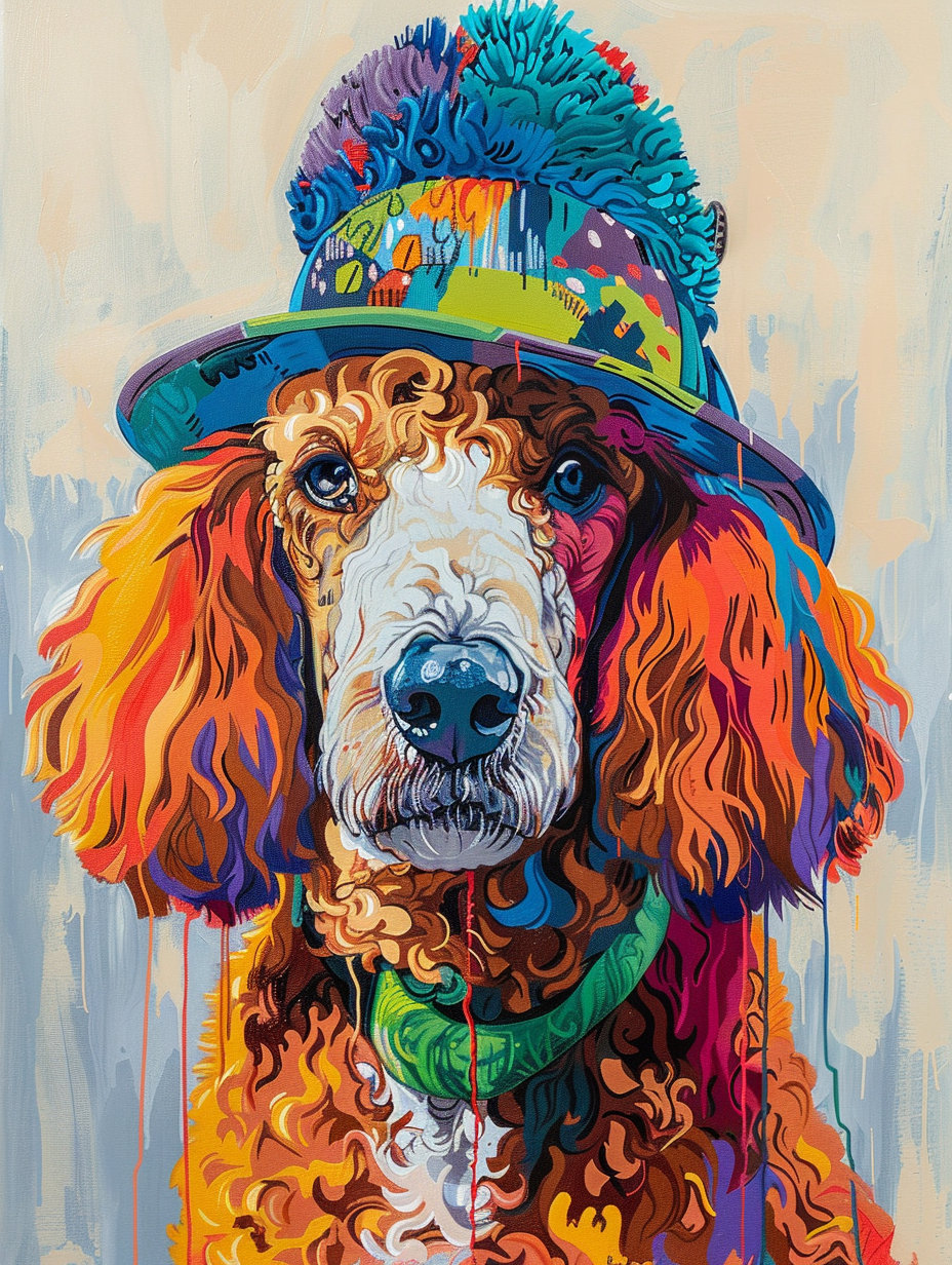 Colorful space Poodle dog with a hat Expressive surreal Poster # F024879