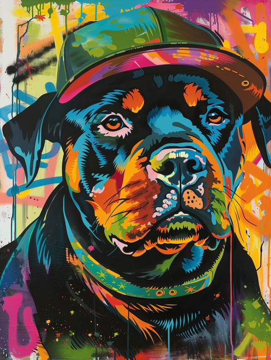 Colorful space Rottweiler dog with a hat Expressive surreal Poster # F024524