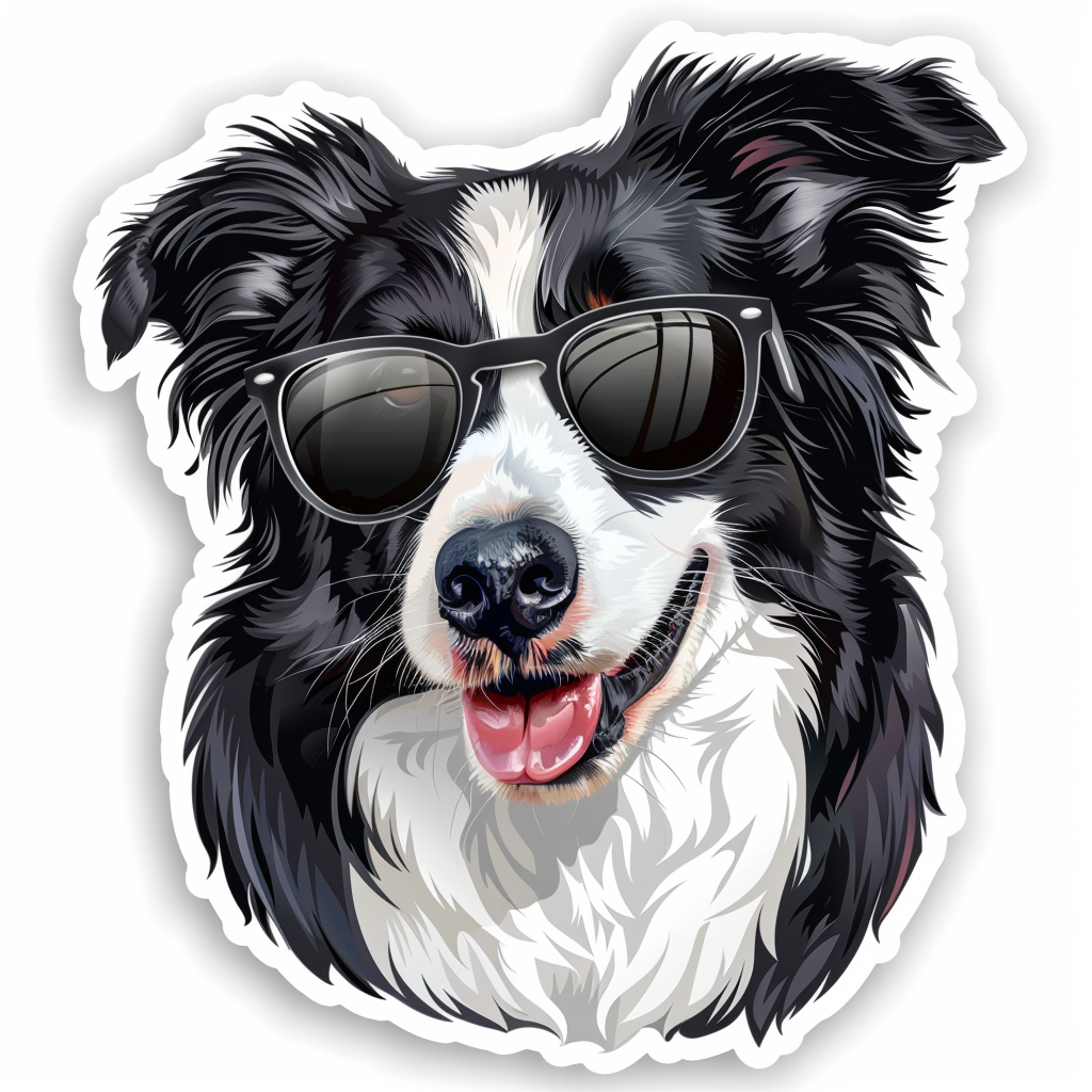 Border Collie Dog wearing sunglasses Expressive surreal Vinyl Decal Sticker for Car, Laptop, Tumbler and more # F021689-4" x 4"