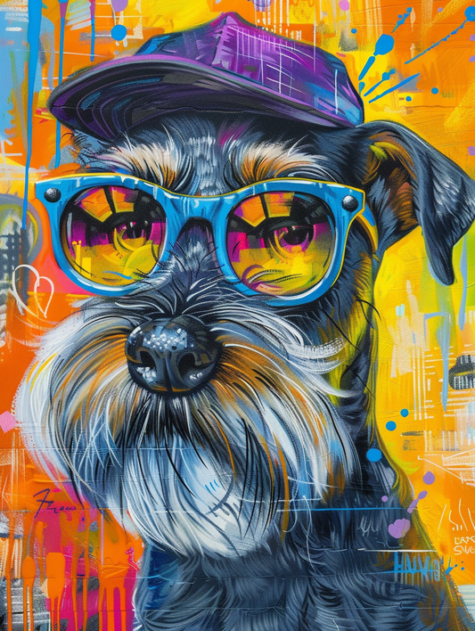 Colorful space Miniature Schnauzer dog with a hat Expressive surreal Poster # F025517