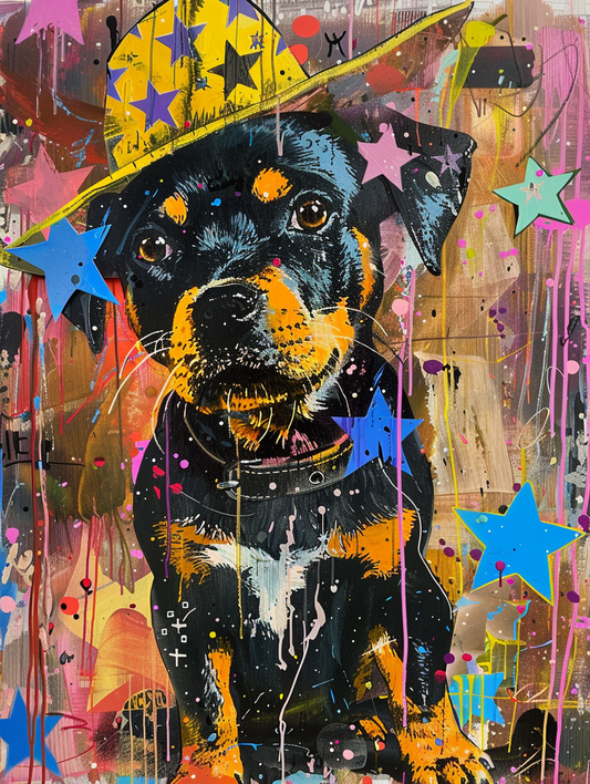 Colorful space Rottweiler dog with a hat Expressive surreal Poster # F024868
