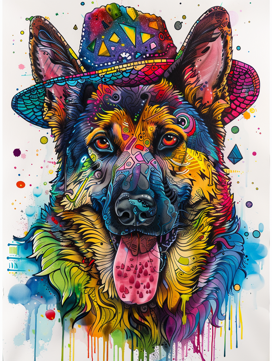 Colorful space German Shepherd dog with a hat Expressive surreal Poster # F024465