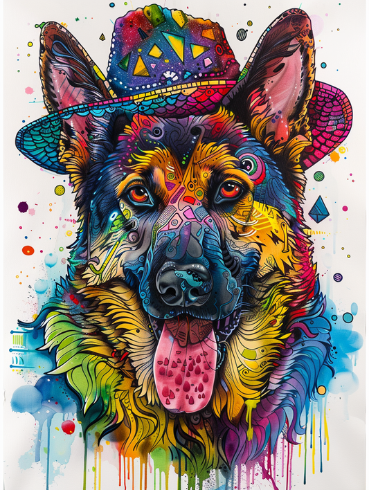 Colorful space German Shepherd dog with a hat Expressive surreal Poster # F024465