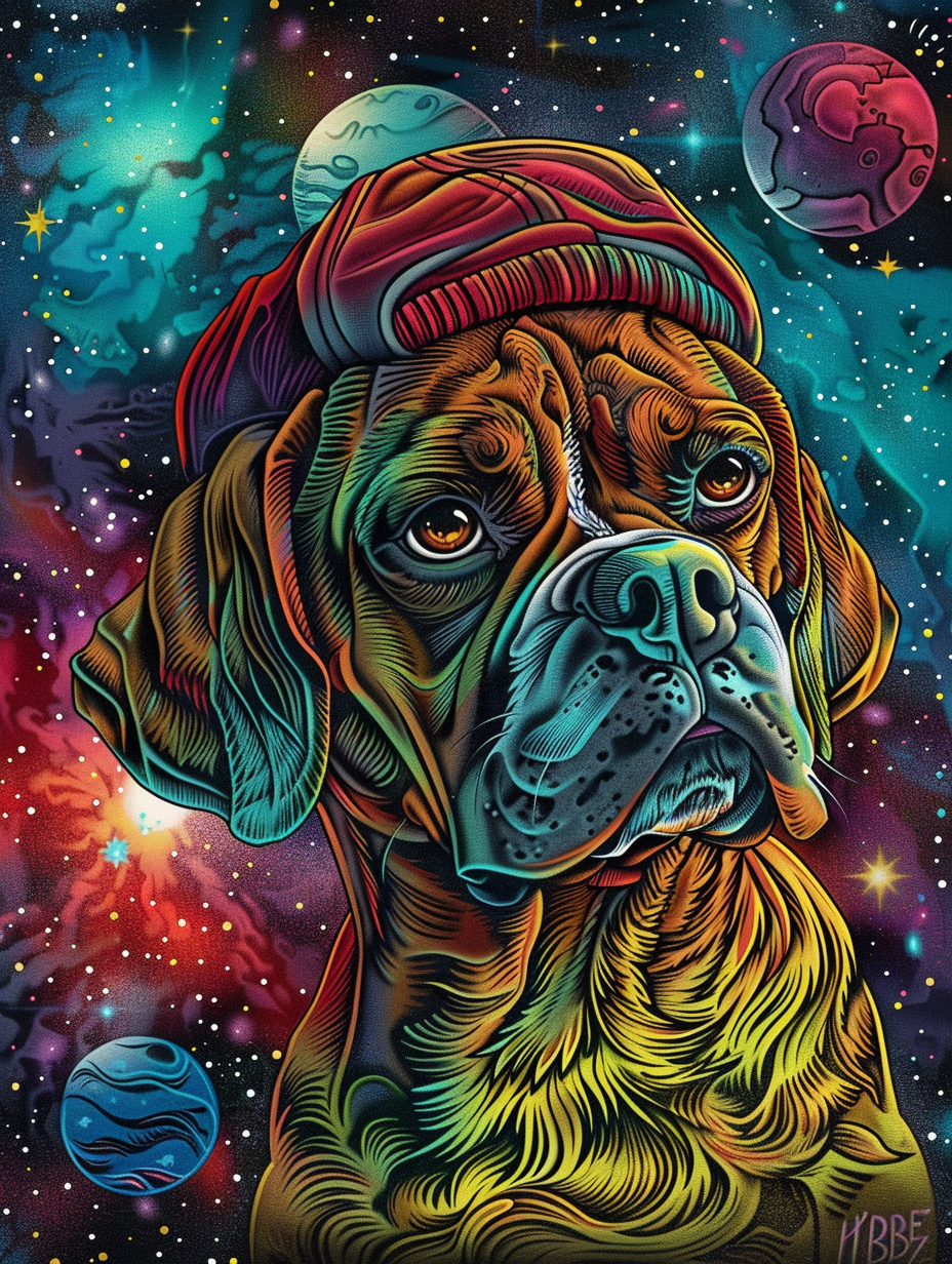 Colorful space Boxer dog with a hat Expressive surreal Poster # F024972