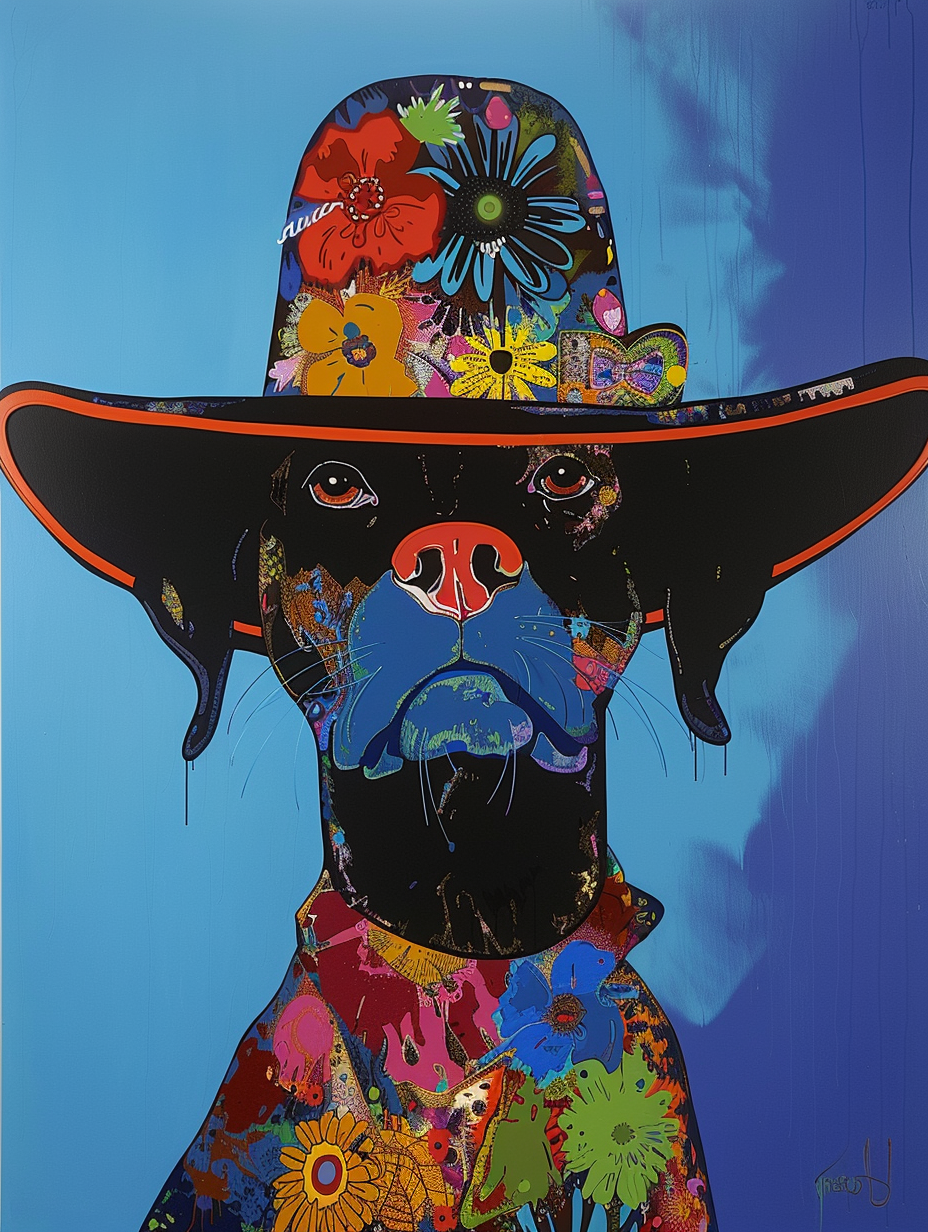 colorful space Labrador Retriever dog with a hat Expressive surreal Poster # F025557