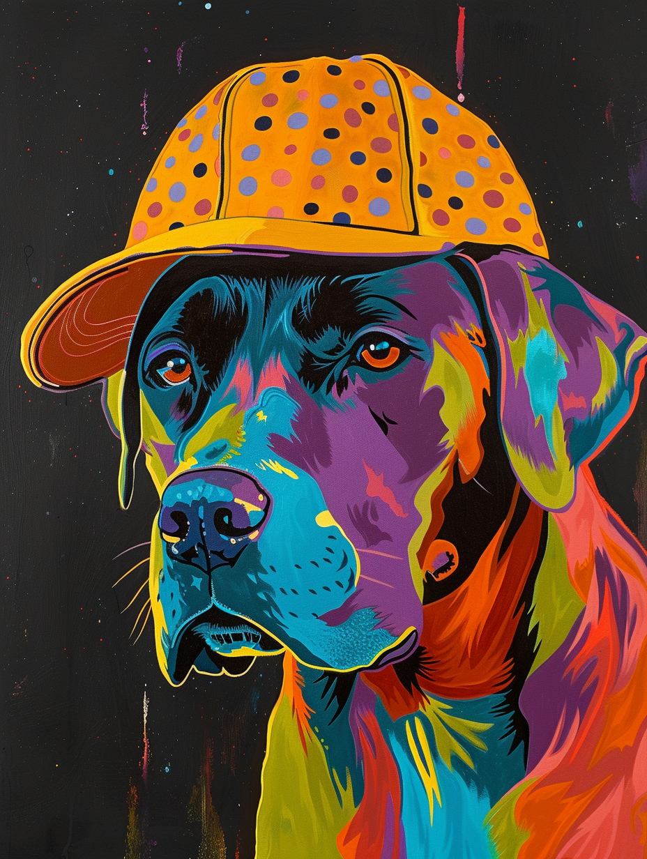 colorful space Labrador Retriever dog with a hat Expressive surreal Poster # F025047
