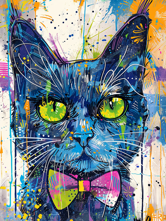 Colorful space Russian Blue cat with a bow tie Expressive surreal Poster # F024305