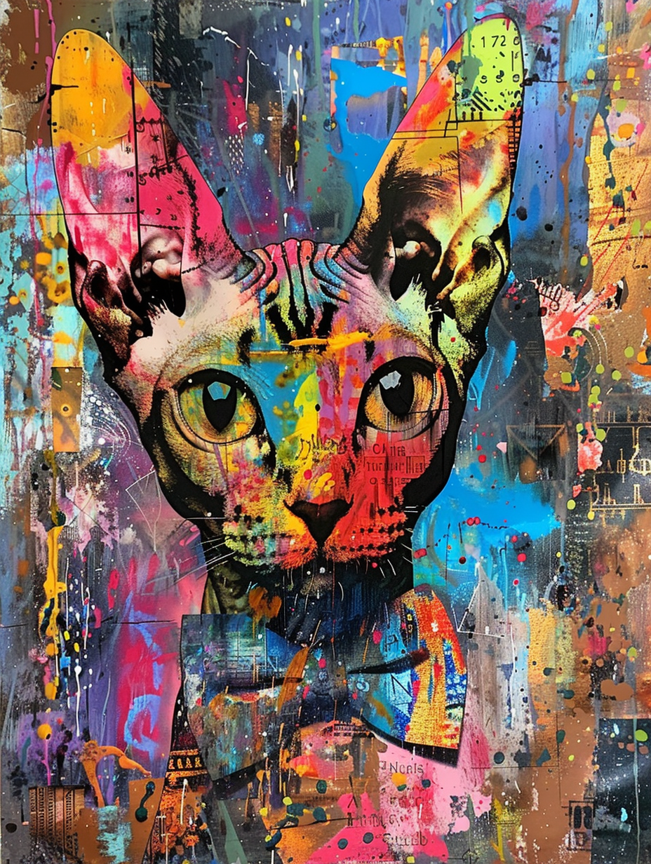 Colorful space Devon Rex cat with a bow tie Expressive surreal Poster # F024317