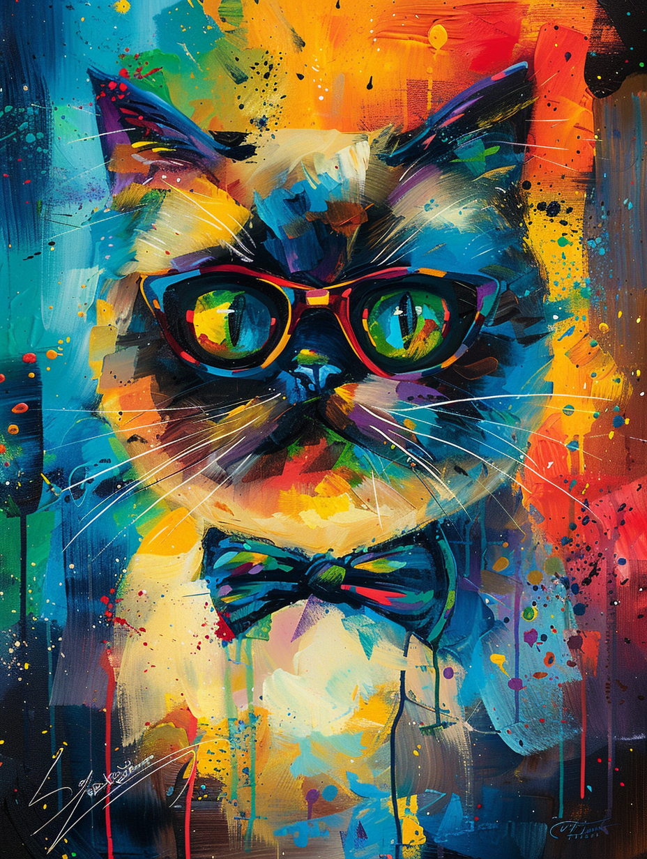 Colorful space Himalayan cat with a bow tie Expressive surreal Poster # F024288