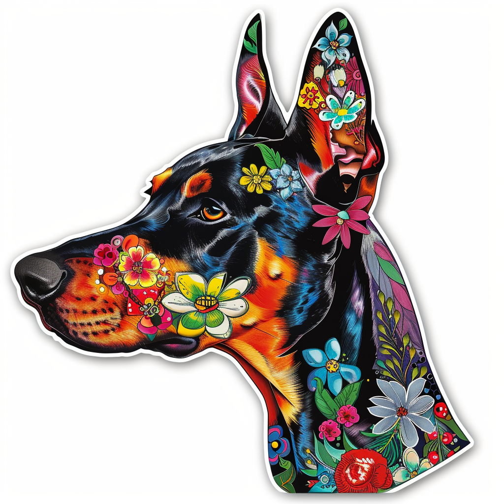 Doberman Pinscher Dog floral majestic Expressive surreal Vinyl Decal Sticker for Car, Laptop, Tumbler and more # F019385