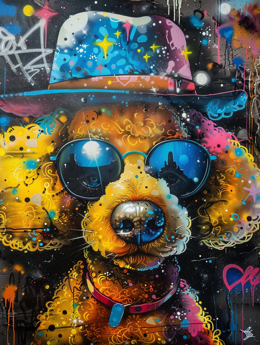 Colorful space Poodle dog with a hat Expressive surreal Poster # F025070