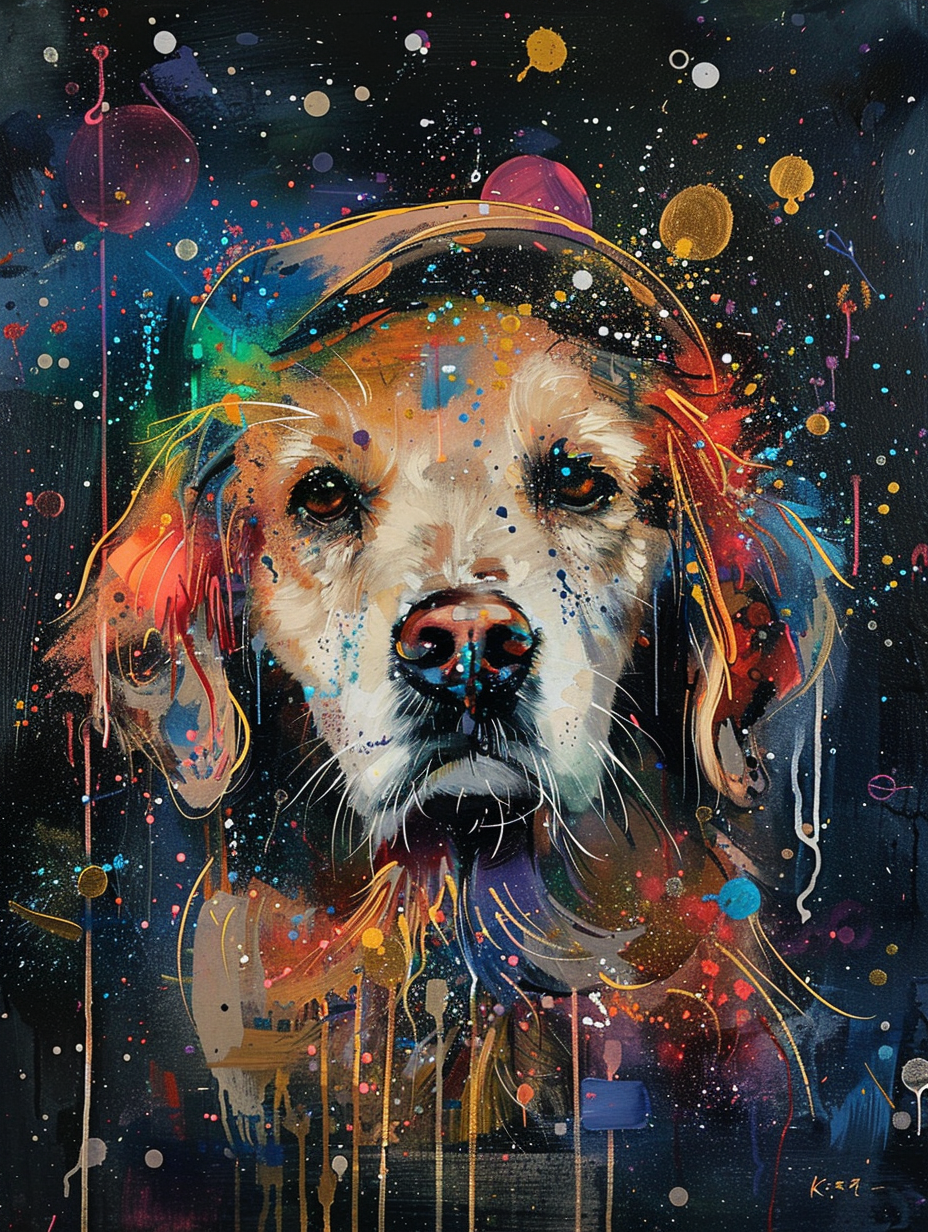 colorful space Golden Retriever dog with a hat Expressive surreal Poster # F025167