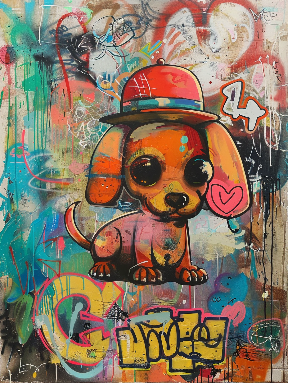 Colorful space Dachshund dog with a hat - Expressive surreal Poster # F025441