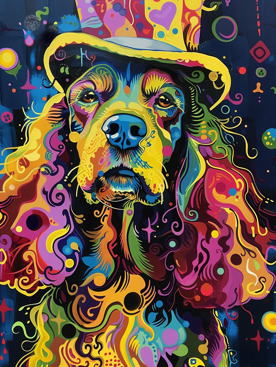 Colorful space Cocker Spaniel dog with a hat Expressive surreal Poster # F024561