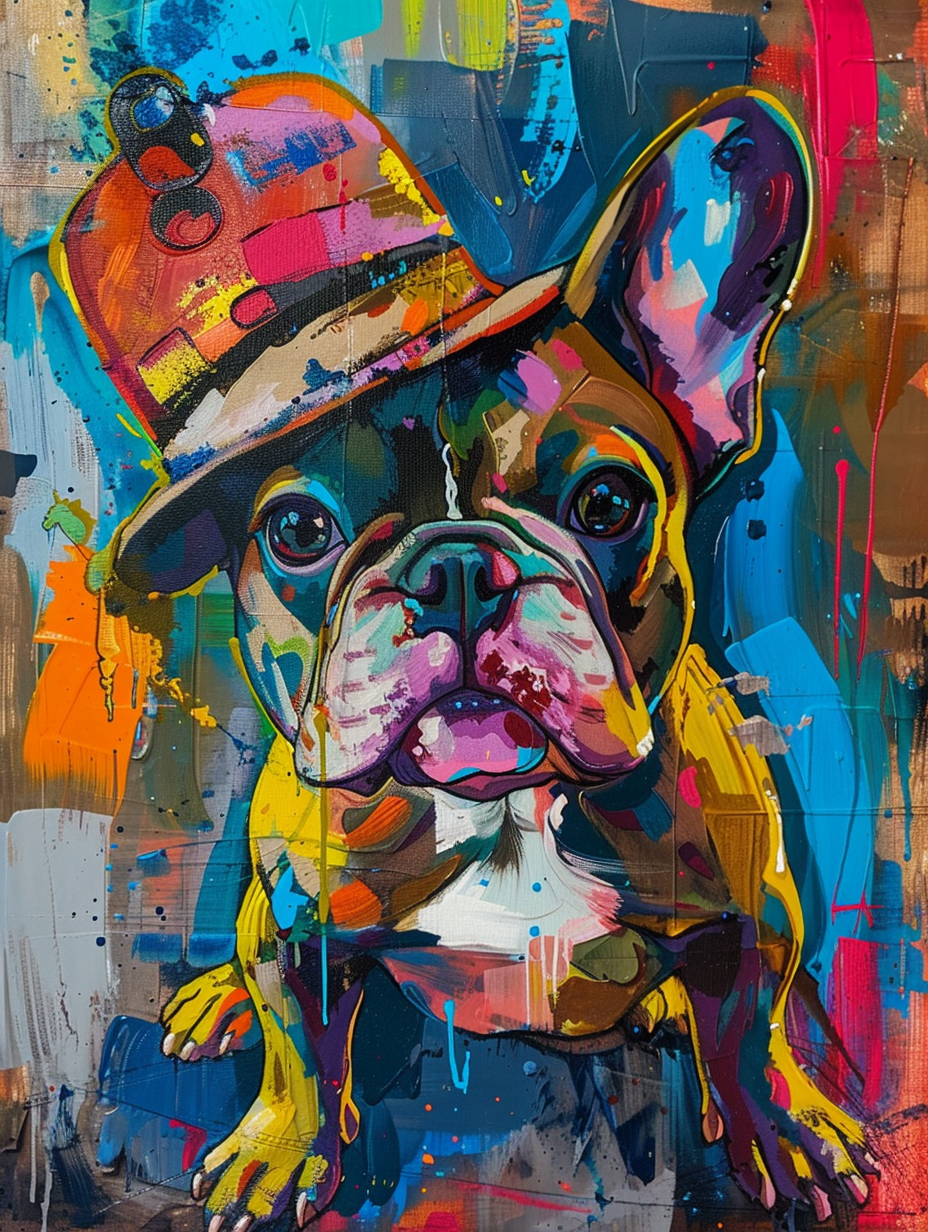 Colorful space French Bulldog dog with a hat Expressive surreal Poster # F024481