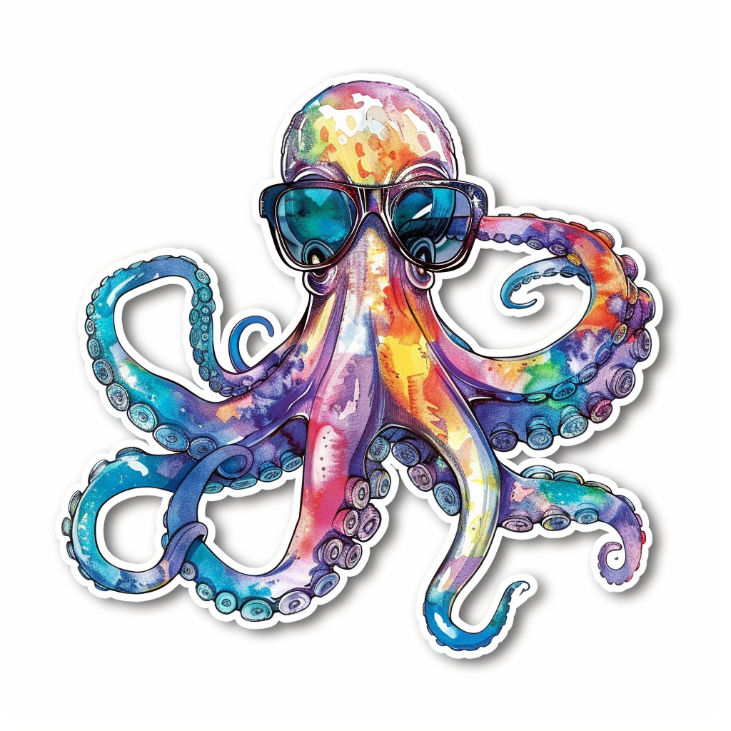 Sticker of a Octopus wearing sunglasses majestic Expressive surreal Vinyl Decal Sticker for Car, Laptop, Tumbler and more # F015400