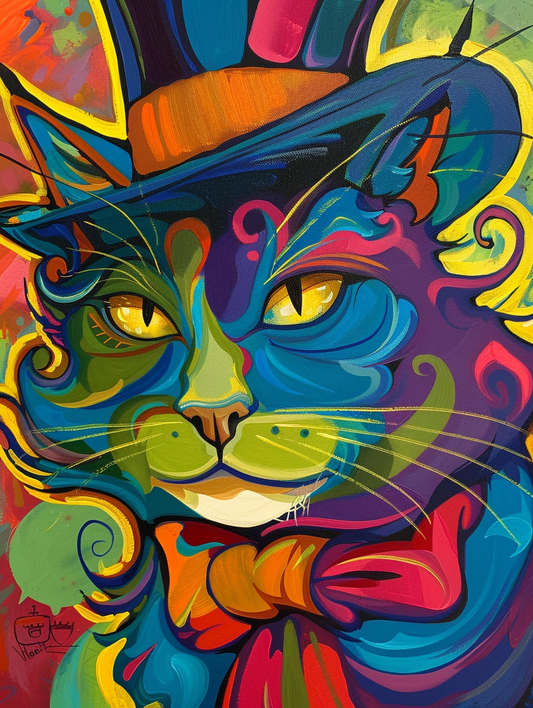 Colorful space Norwegian Forest Cat cat with a hat Expressive surreal Poster # F025227