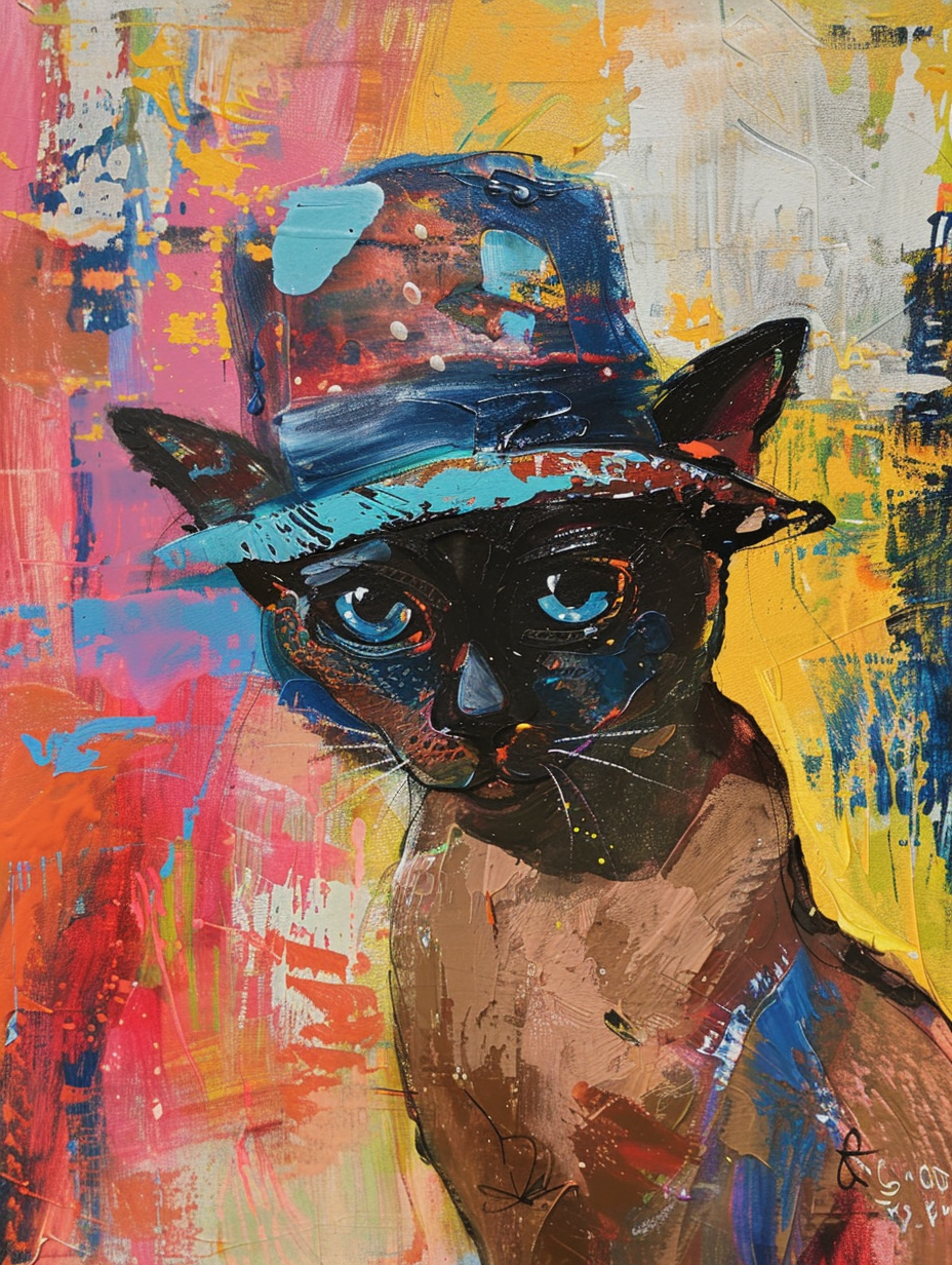 Colorful space Burmese cat with a hat Expressive surreal Poster # F024661