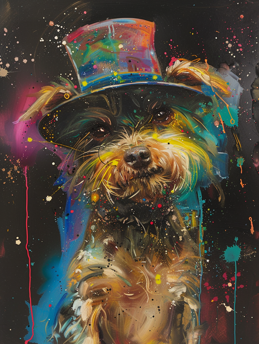 Colorful space Yorkshire Terrier dog with a hat Expressive surreal Poster # F024961