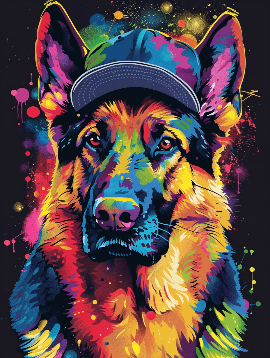 colorful space German Shepherd dog with a hat Expressive surreal Poster # F025601