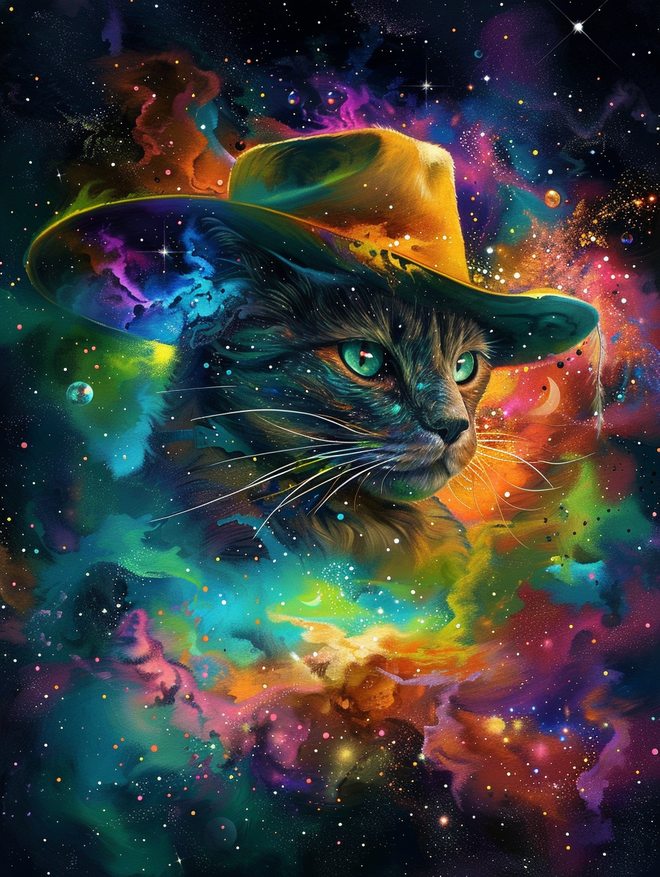 colorful space Burmese cat with a hat Expressive surreal Poster # F025377