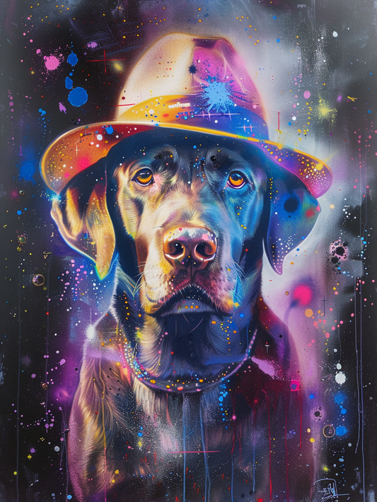 Colorful space Labrador Retriever dog with a hat Expressive surreal Poster # F024472
