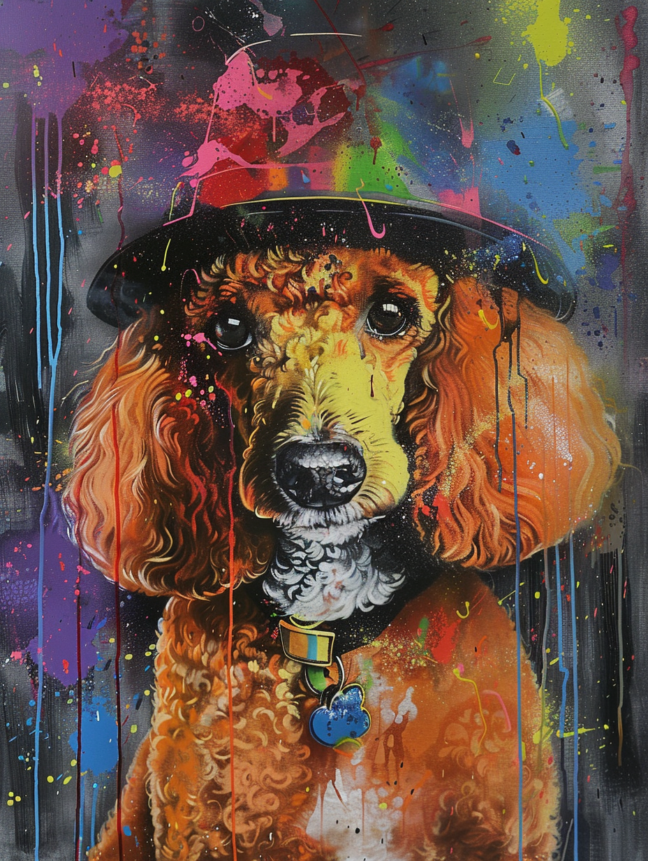 Colorful space Poodle dog with a hat Expressive surreal Poster # F025080