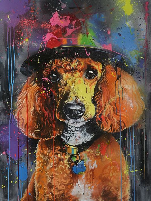 Colorful space Poodle dog with a hat Expressive surreal Poster # F025080