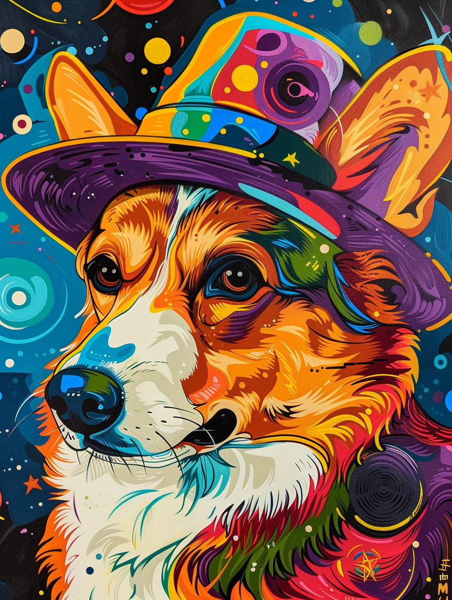 Colorful space Pembroke Welsh Corgi dog with a hat Expressive surreal Poster # F025480