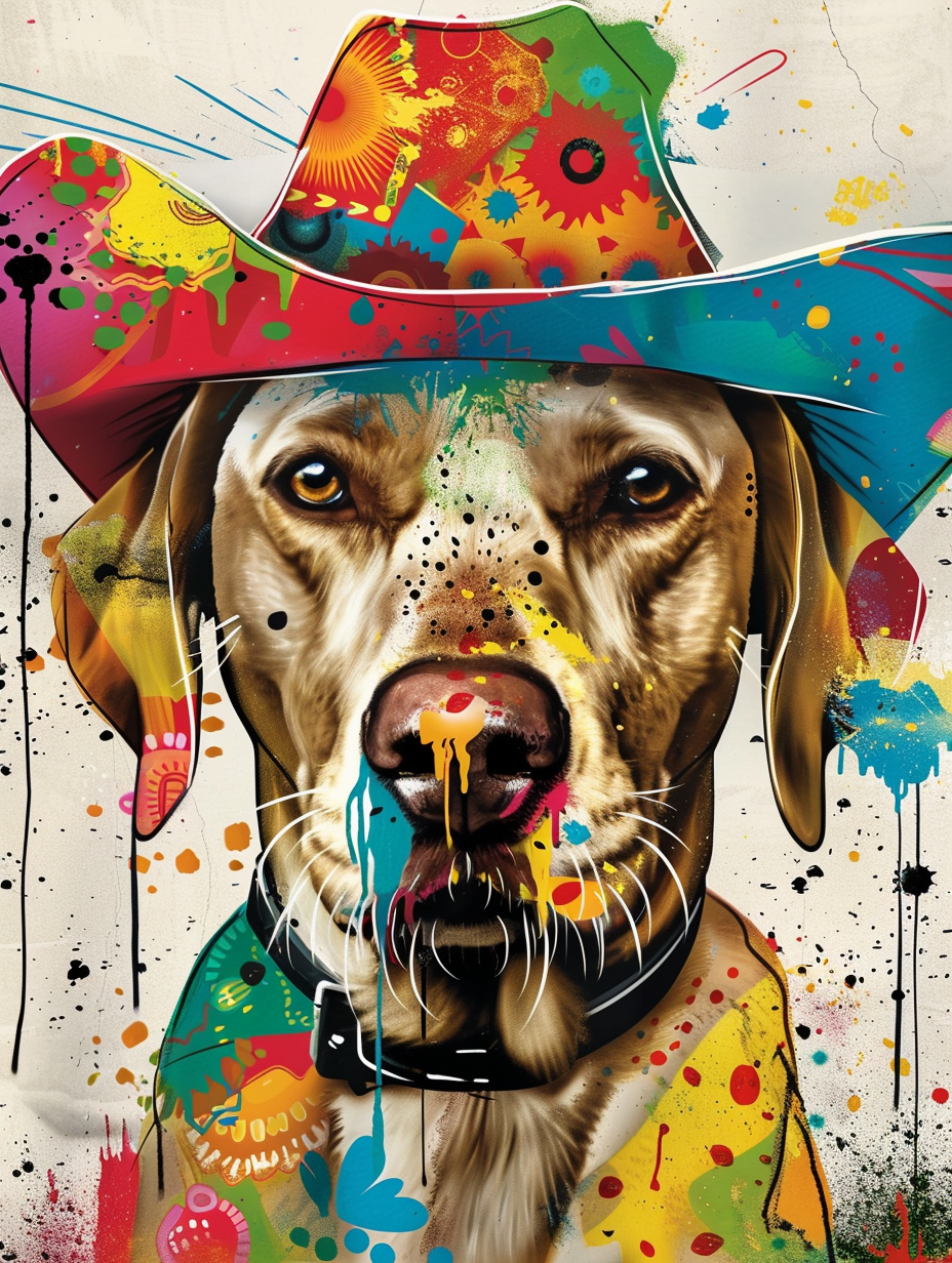 colorful space Labrador Retriever dog with a hat Expressive surreal Poster # F025042
