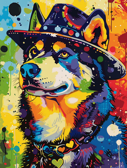 Colorful space Siberian Husky dog with a hat Expressive surreal Poster # F024931
