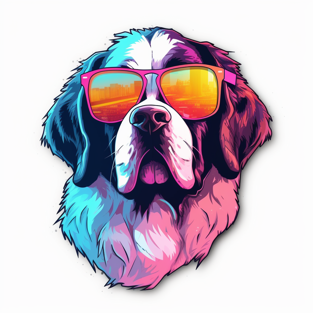 Saint Bernard Cool Neon Party in sunglasses Expressive surreal Vinyl Decal Sticker for Car, Laptop, Tumbler and more # F018077