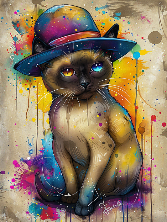 Colorful space Siamese cat with a bow tie Expressive surreal Poster # F024637