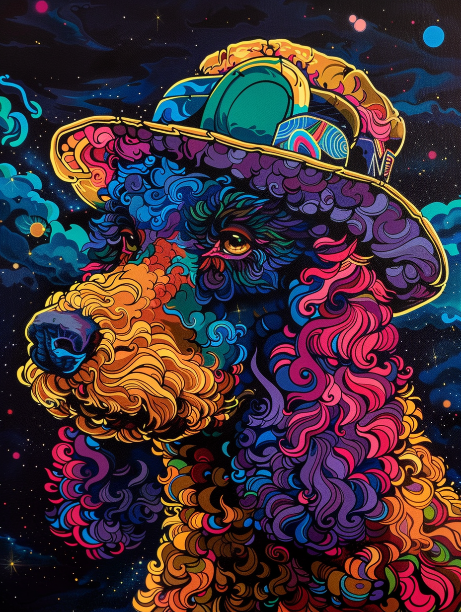 Colorful space Poodle dog with a hat Expressive surreal Poster # F025077