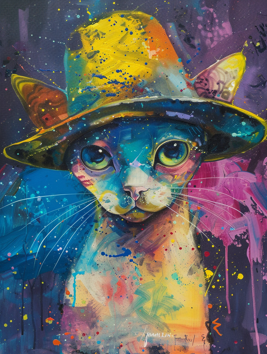 Colorful space Devon Rex cat with a hat Expressive surreal Poster # F025206