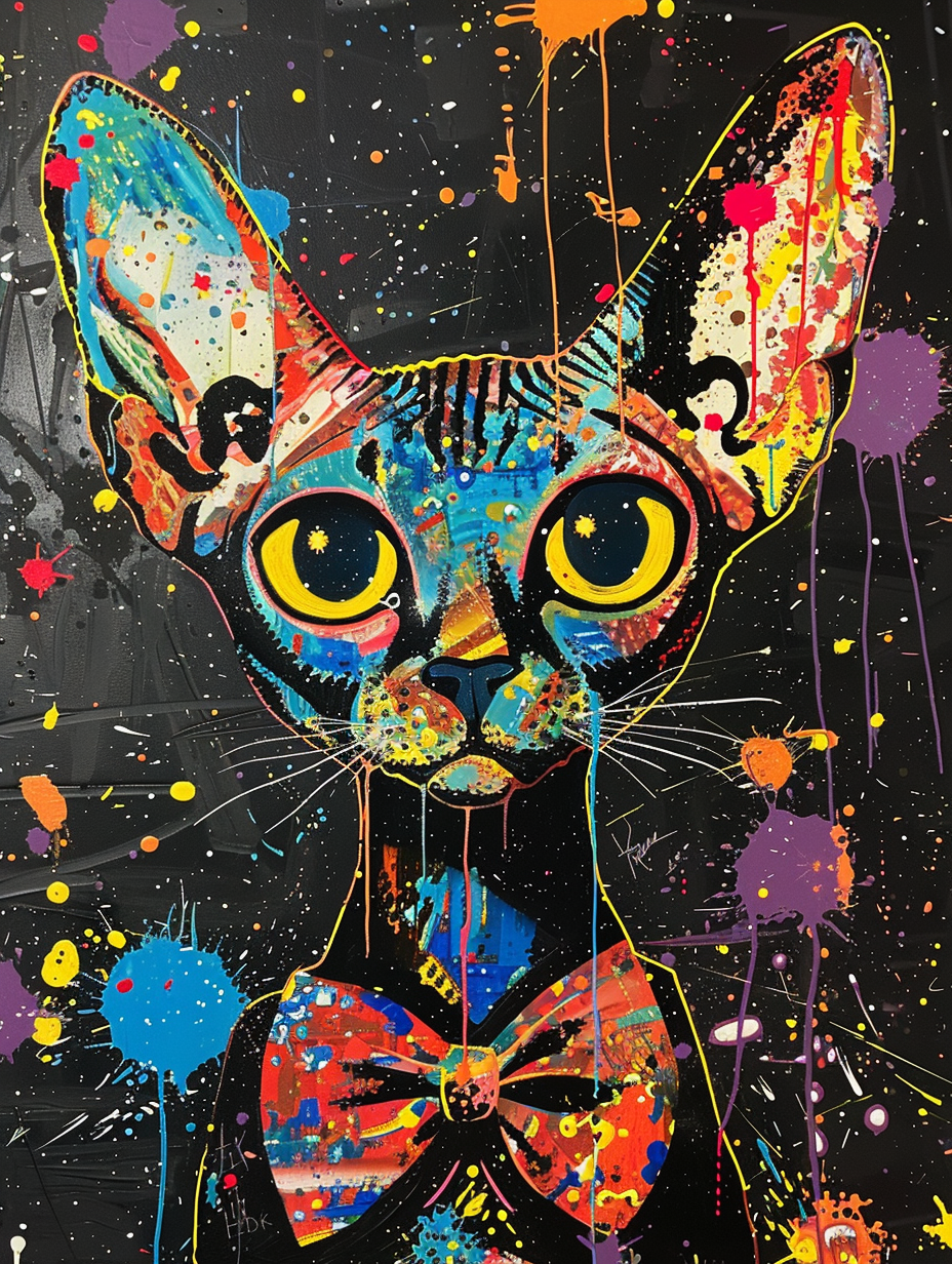 Colorful space Abyssinian cat with a bow tie Expressive surreal Poster # F024342