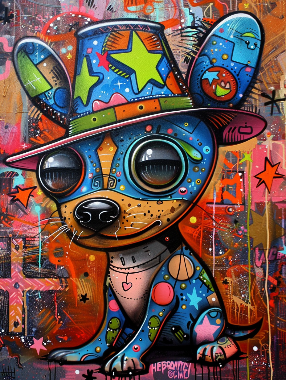 Colorful space Chihuahua dog with a hat Expressive surreal Poster # F025495