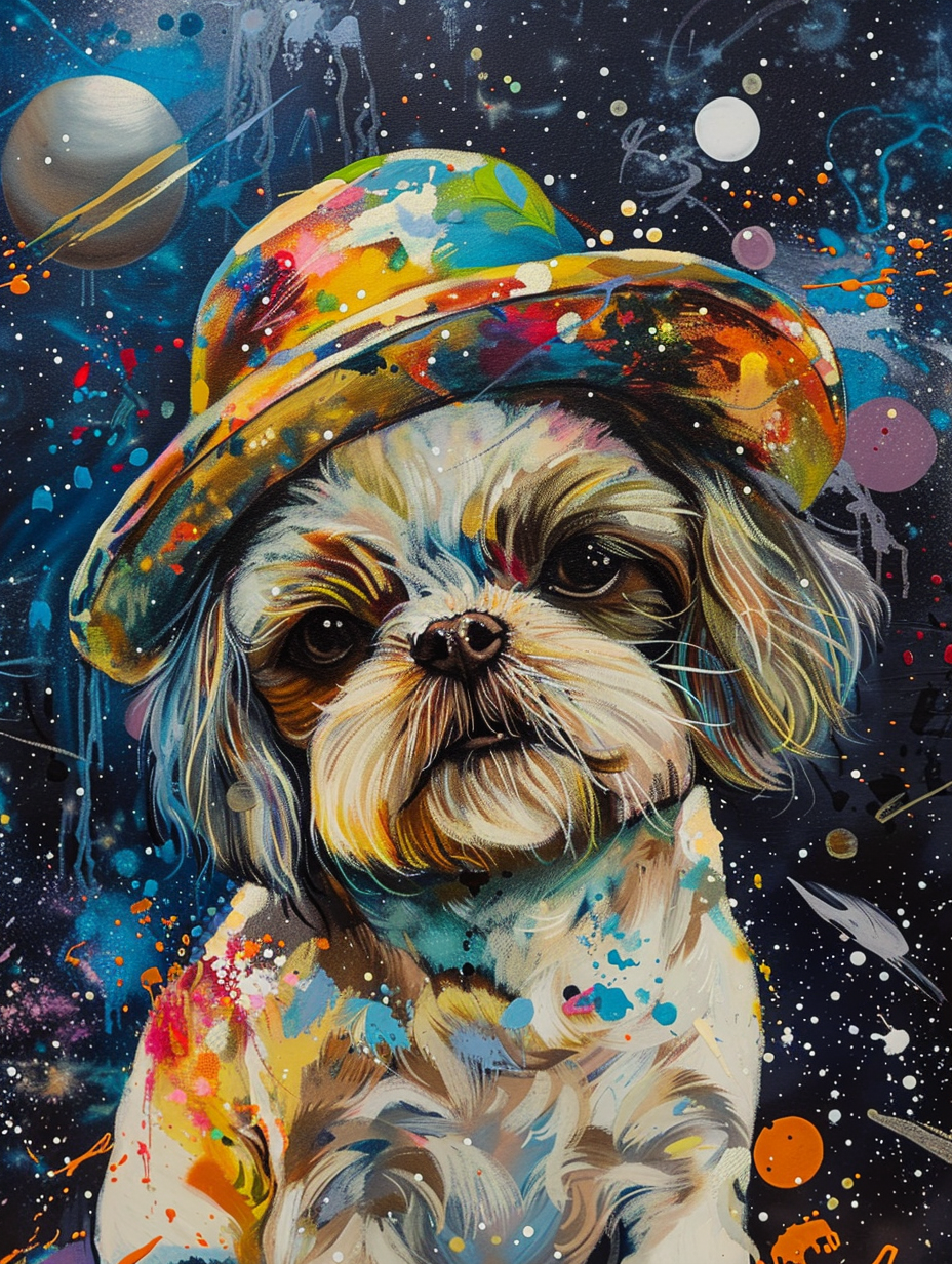 Colorful space Shih Tzu dog with a hat Expressive surreal Poster # F024985