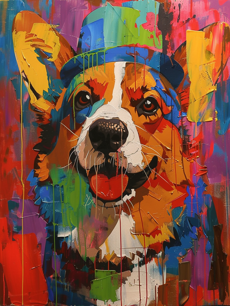 Colorful space Pembroke Welsh Corgi dog with a hat Expressive surreal Poster # F024627